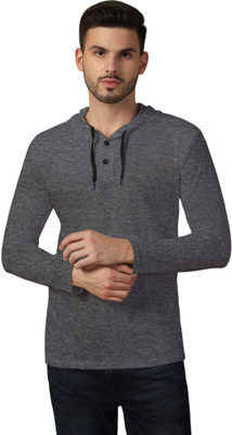 GEUM Solid Men Hooded Neck Grey T-Shirt