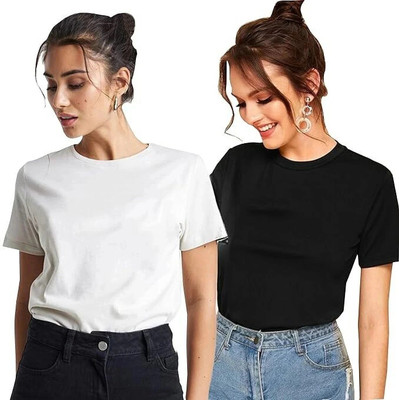 LIVAX COTTY Solid Women Round Neck White, Black T-Shirt
