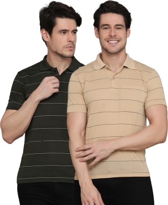INKKR Striped Men Polo Neck Green, Beige T-Shirt