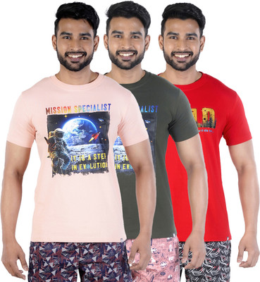 COLORS by Rupa Frontline Graphic Print Men Round Neck Pink, Dark Green, Red T-Shirt