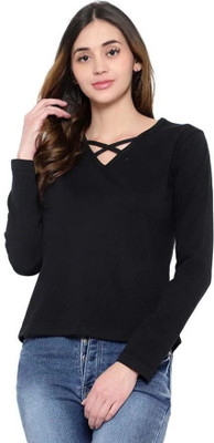 Bi Fashion Solid Women V Neck Black T-Shirt
