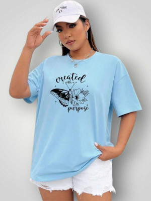MAJESTIC FASHION Printed Women Round Neck Light Blue T-Shirt