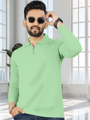 Trend Twist Self Design Men Zip Neck Light Green T-Shirt
