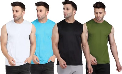 Think Tech Solid Men Round Neck White, Light Blue, Black, Dark Green T-Shirt