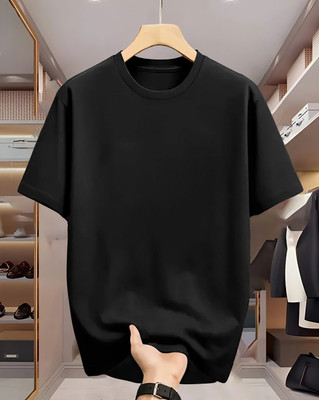 Just Try Solid Men Round Neck Black T-Shirt