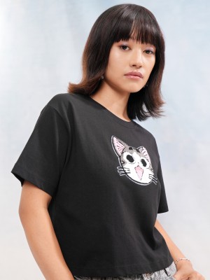 Tokyo Talkies Self Design Women Round Neck Black T-Shirt