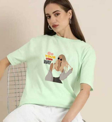 SPOWEARY Printed Women Round Neck Light Green T-Shirt