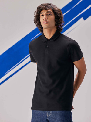 UNSTD Self Design Men Polo Neck Black T-Shirt