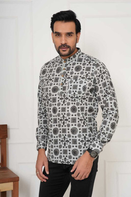 Nimishacreation Printed Men Mandarin Collar Grey T-Shirt
