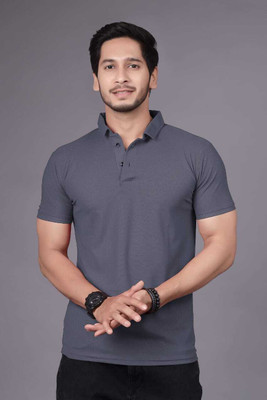 ELLNOCK Self Design Men Stylised Neck Grey T-Shirt