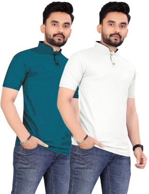 rggarment Printed Men Mandarin Collar Green, White T-Shirt