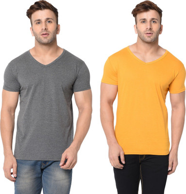 Tresna Trending Solid Men V Neck Grey, Yellow T-Shirt