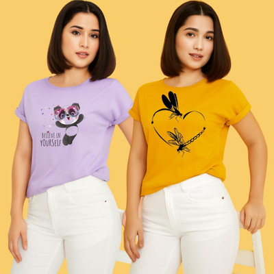 Kintu Parantu Printed Women Round Neck Purple, Yellow T-Shirt