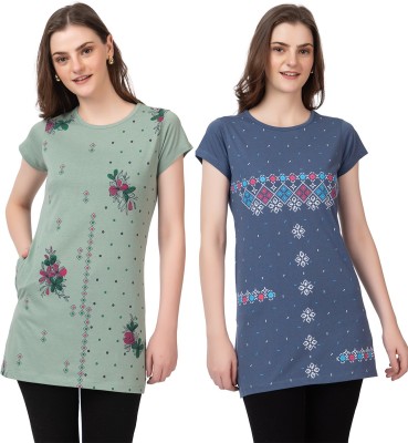 Star Touch Floral Print Women Round Neck Multicolor T-Shirt