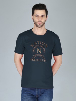 Nation Polo Club Typography Men Round Neck Navy Blue T-Shirt