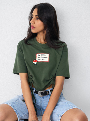 The Souled Store Typography Women Round Neck Dark Green T-Shirt