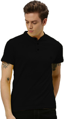 ZEDIN Solid Men Mandarin Collar Black T-Shirt
