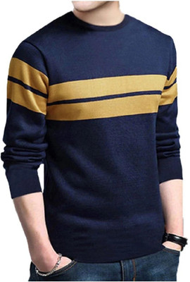Leotude Striped Men Round Neck Blue T-Shirt