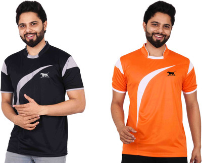 La Milano Colorblock Men Mandarin Collar Orange, Black T-Shirt