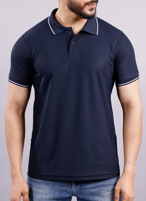 SUPERSQUAD Solid Men Polo Neck Dark Blue T-Shirt