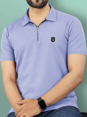 VeBNoR Solid Men Zip Neck Blue T-Shirt