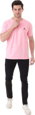 Aurezaa Solid Men Round Neck Pink T-Shirt