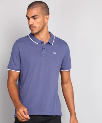 LEE Solid Men Polo Neck Blue T-Shirt