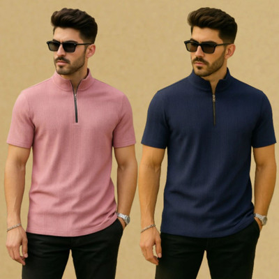 ALPHALEGS Self Design Men Zip Neck Pink T-Shirt