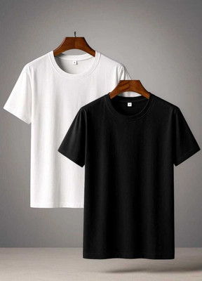 PVS TREND Solid Men Round Neck Black, White T-Shirt