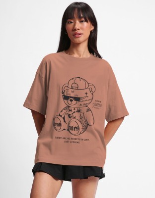 JUNEBERRY Typography Women Round Neck Beige T-Shirt