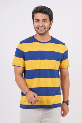 Hopping Deer on Redline Striped Men Crew Neck Yellow, Navy Blue T-Shirt