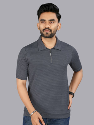 FTX Solid Men Zip Neck Grey T-Shirt
