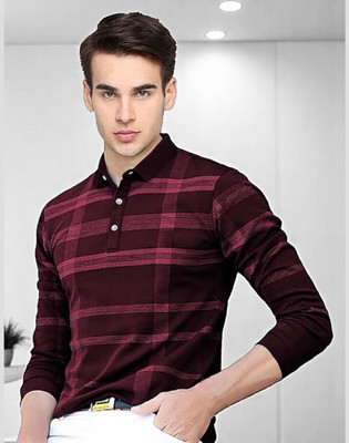 Autna Striped Men Polo Neck Maroon T-Shirt