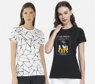 CHOZI Printed Women Round Neck White, Black T-Shirt