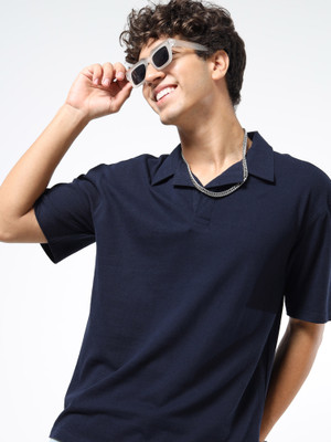 Glitchez Self Design Men Polo Neck Navy Blue T-Shirt