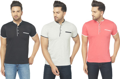 JB Jangoboy Solid Men Henley Neck Black, Pink, Grey T-Shirt