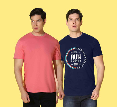 WOOSTRO Printed, Solid Men Round Neck Pink, Blue T-Shirt
