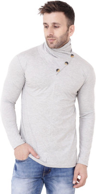 Money Leaf Solid Men High Neck Silver T-Shirt