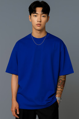 JUGULAR Solid Men Round Neck Dark Blue T-Shirt