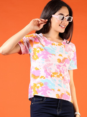 V-MART Printed Women Round Neck Pink T-Shirt