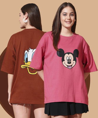 DISNEY by DreamBe Printed Women Round Neck Brown, Pink T-Shirt