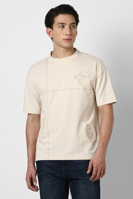 VAN HEUSEN Embroidered, Solid Men Round Neck Beige T-Shirt
