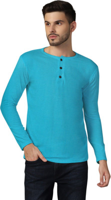 GEUM Solid Men Henley Neck Light Green T-Shirt