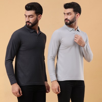 We Perfect Solid Men Polo Neck Grey T-Shirt