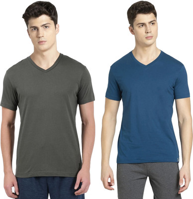 JOCKEY Solid Men V Neck Dark Green, Blue T-Shirt