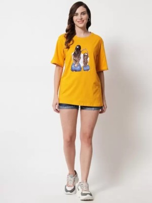 Datalact Printed Women Round Neck Yellow T-Shirt