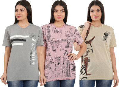 SHAUN Printed Women Round Neck Multicolor T-Shirt