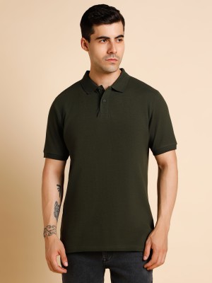 Dennis Lingo Solid Men Polo Neck Dark Green T-Shirt