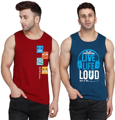 SLOWLORIS Printed Men Scoop Neck Dark Blue, Maroon T-Shirt