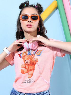 Tokyo Talkies Printed Women Round Neck Pink T-Shirt